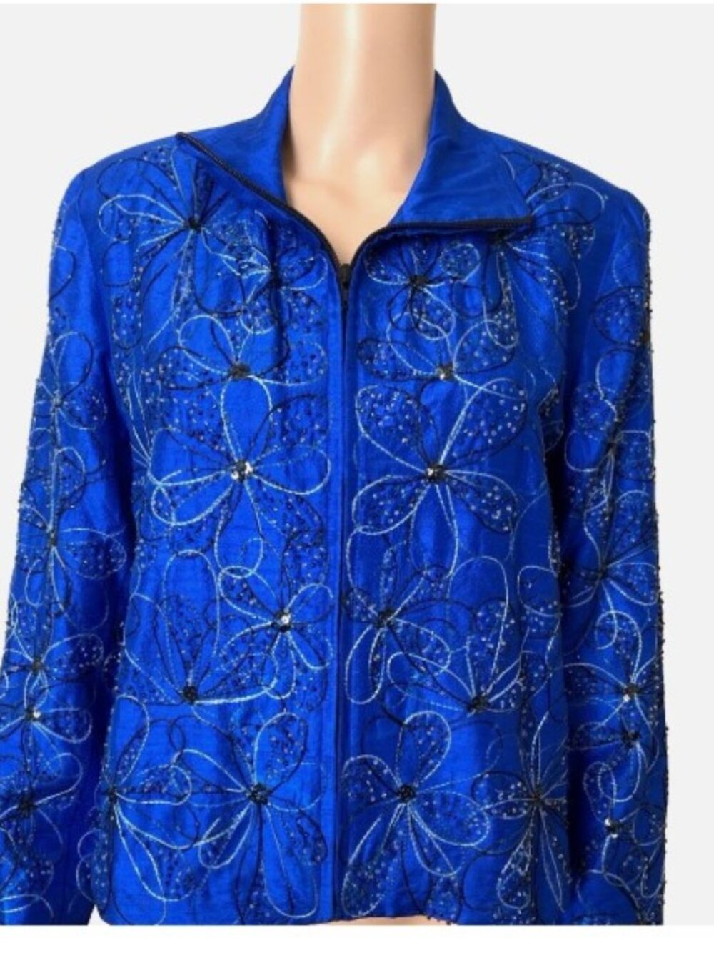 Vintage ANAGE Silk Beads Embroidery Zip Up Blue Blazer Jacket Medium - Excellent